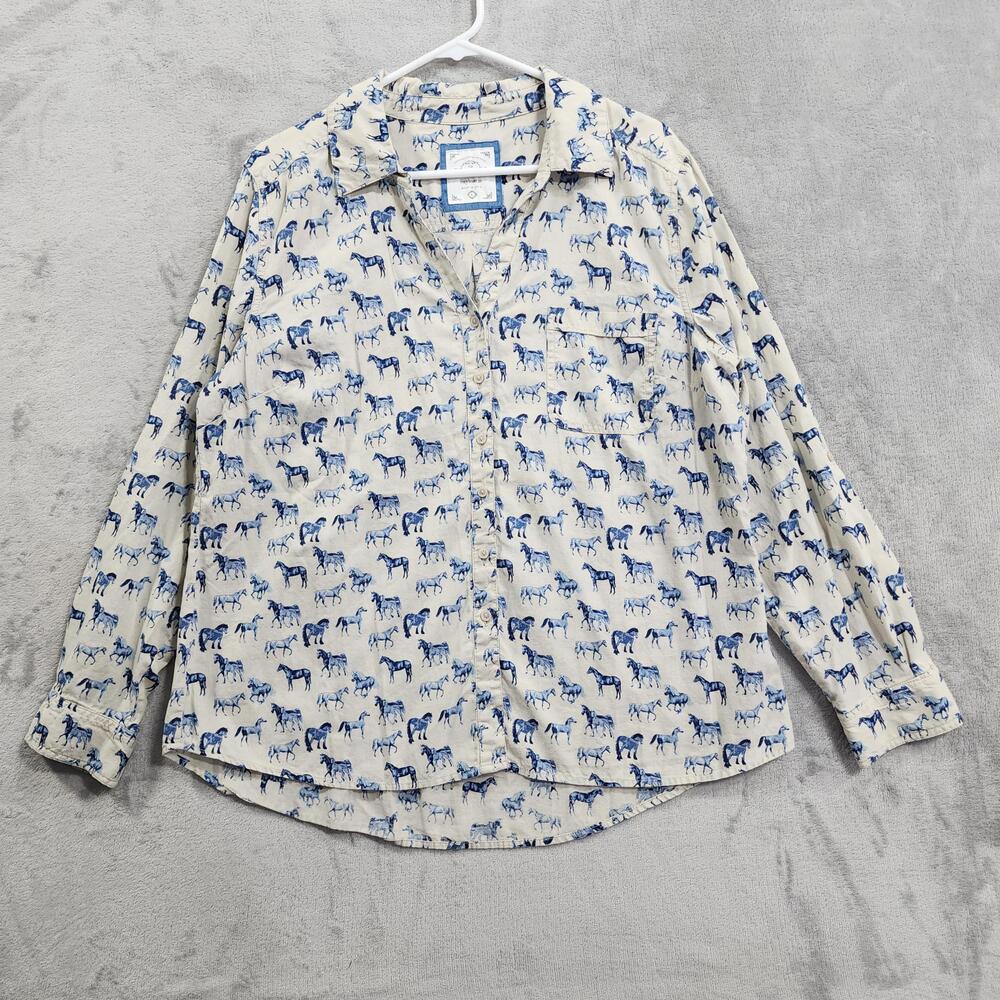 Style&co Shirt Womens L Blue Horse Print Button Front Long Sleeve Cotton Western